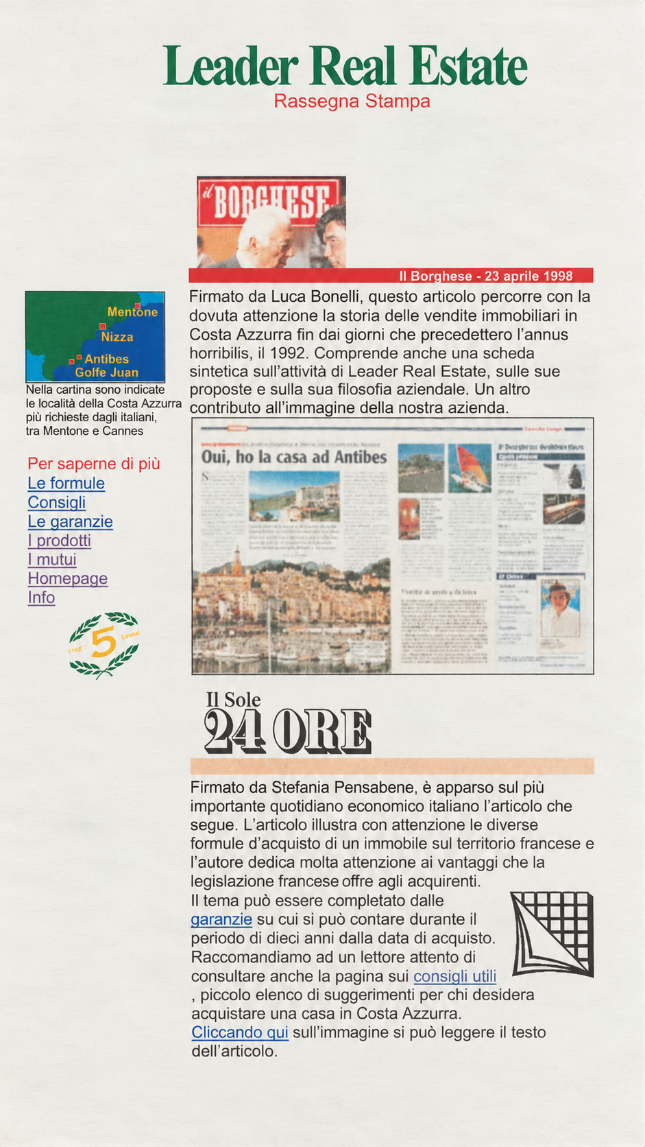 Fotografia restaurata della rassegna stampa del sito Leader Real Estate, con logo verde e ritagli di giornale