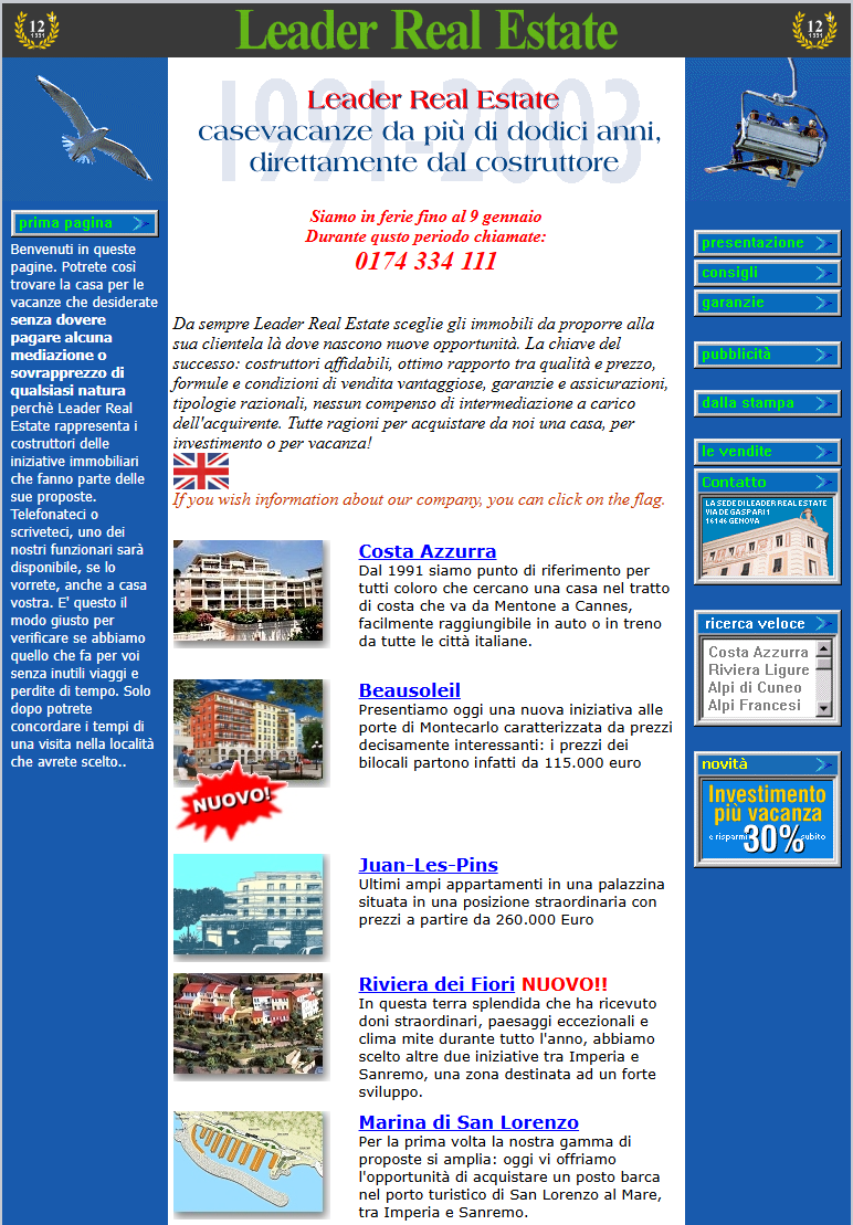 Sito storico di Leader Real Estate con logo verde, colonne blu e riferimento all’anniversario 1991–2003