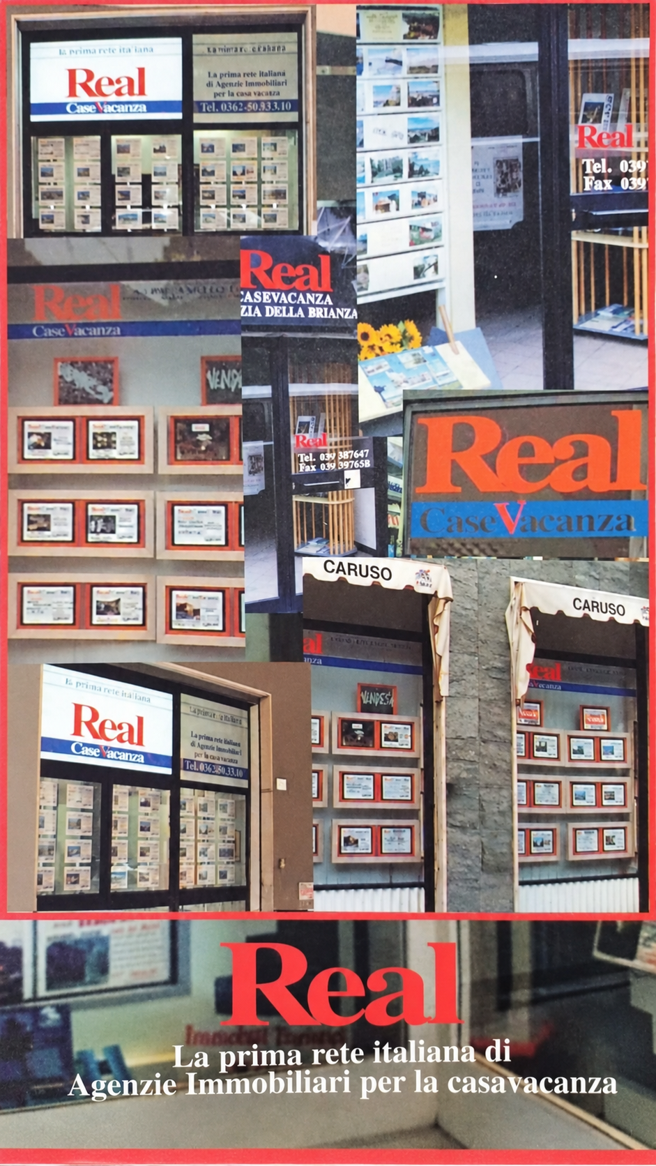 Collage storico restaurato con vetrine e insegne delle agenzie Real Casevacanza
